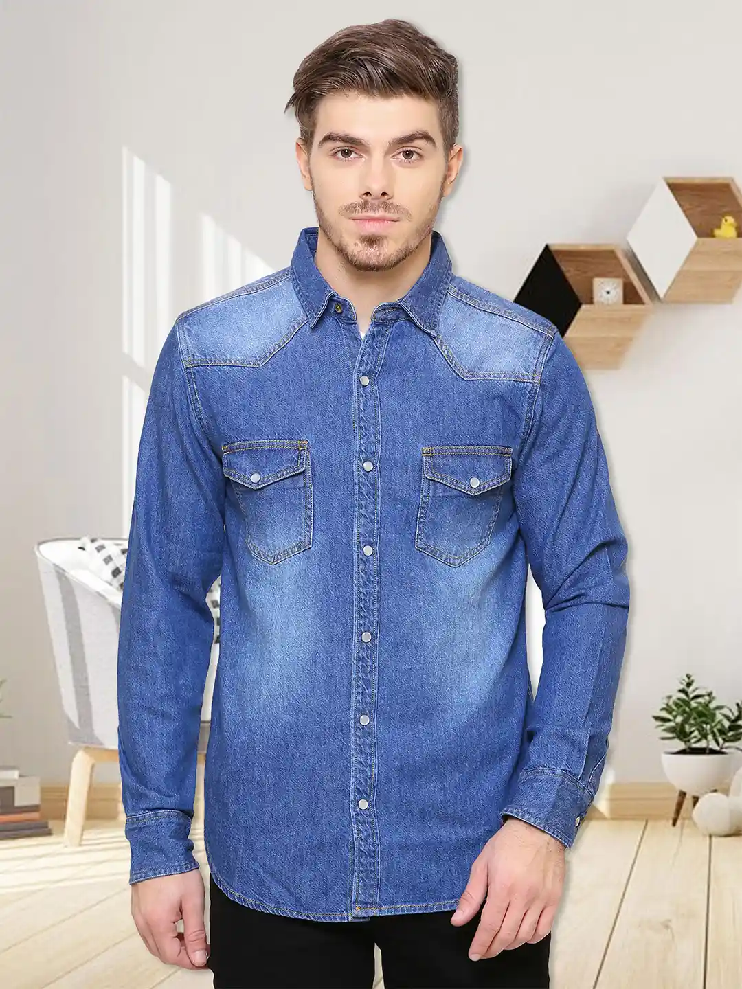 Buy Kuons Avenue Men Smart Slim Fit Faded Casual Denim Shirt