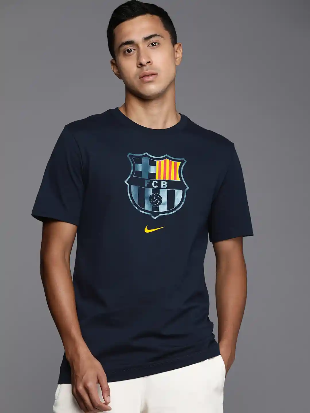 Buy Nike Men Blue Brand Logo FC Barcelona Printed Pure Cotton FCB