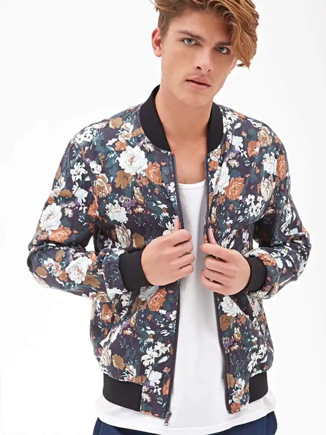 Buy FOREVER 21 Men Navy Off-White Floral Print Bomber Jacket