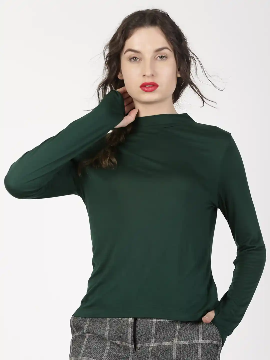 Buy ether Women Green Solid High Neck Long Sleeve With Thumbhole