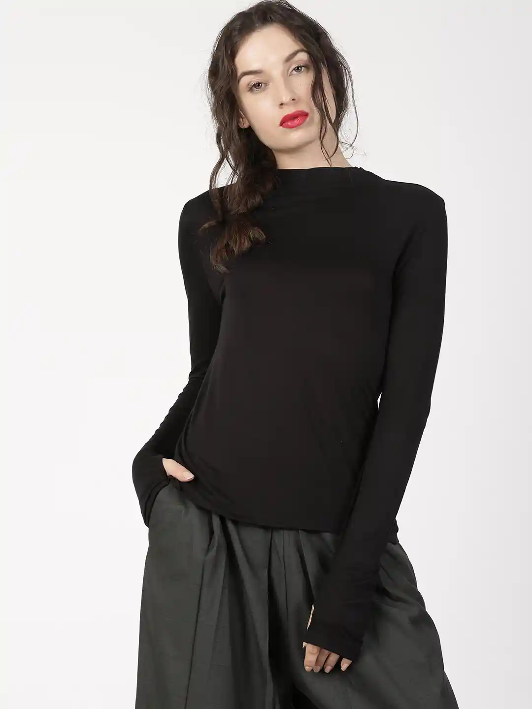 Buy ether Women Black Solid High Neck Long Sleeve With Thumbhole