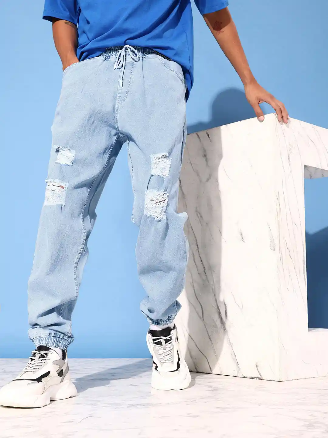 Kook N Keech Men Cool Blue Graffiti Jeans Highly Distressed Light Fade  Stretchable Joggers