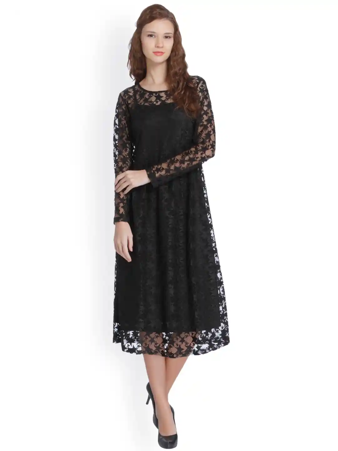 Buy ONLY Women Black Self Design Lace A-Line Dress Dresses for
