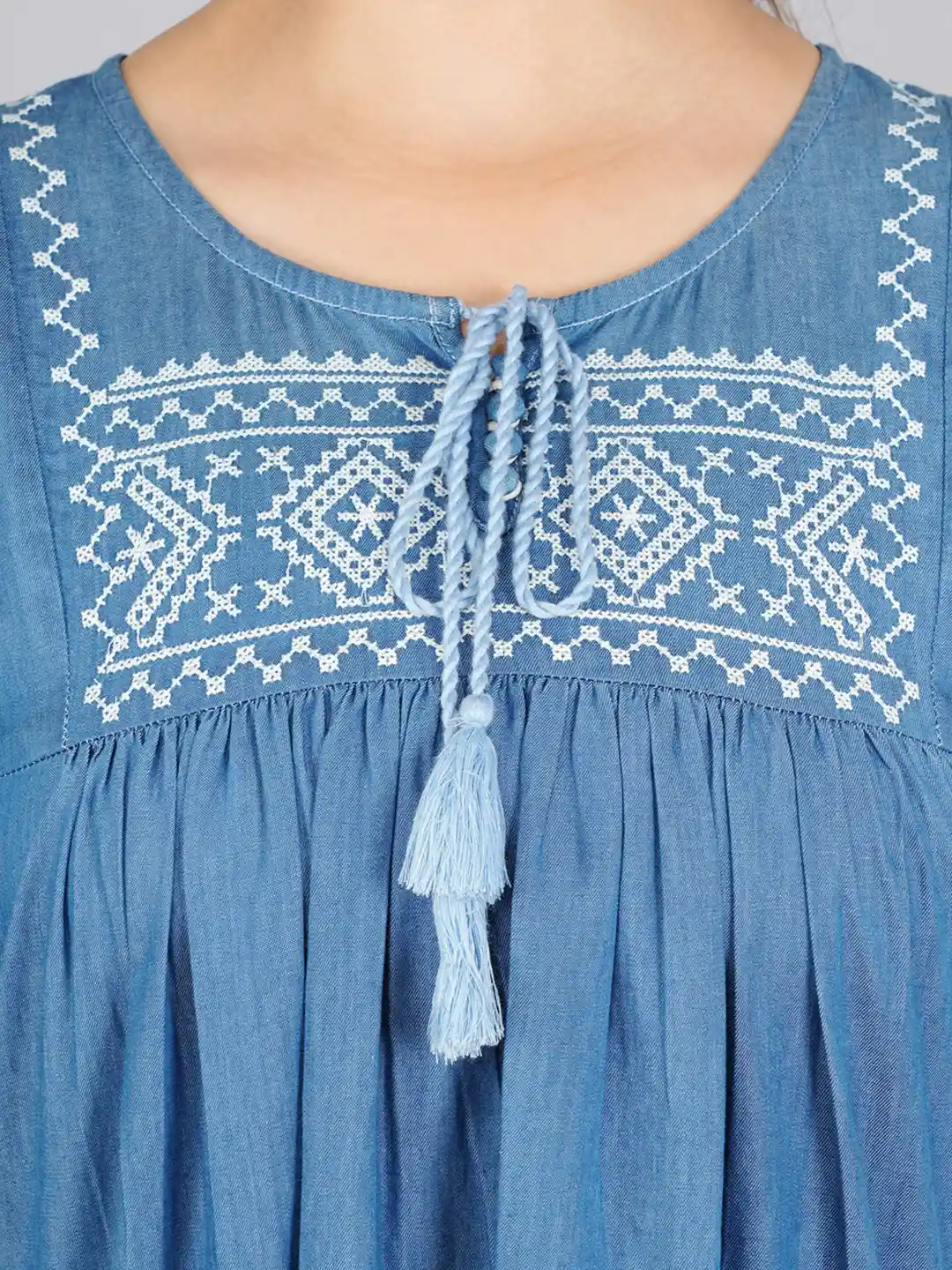 Buy SUMAVI-FASHION Embroidered Tie-Up Neck Denim Top - Tops