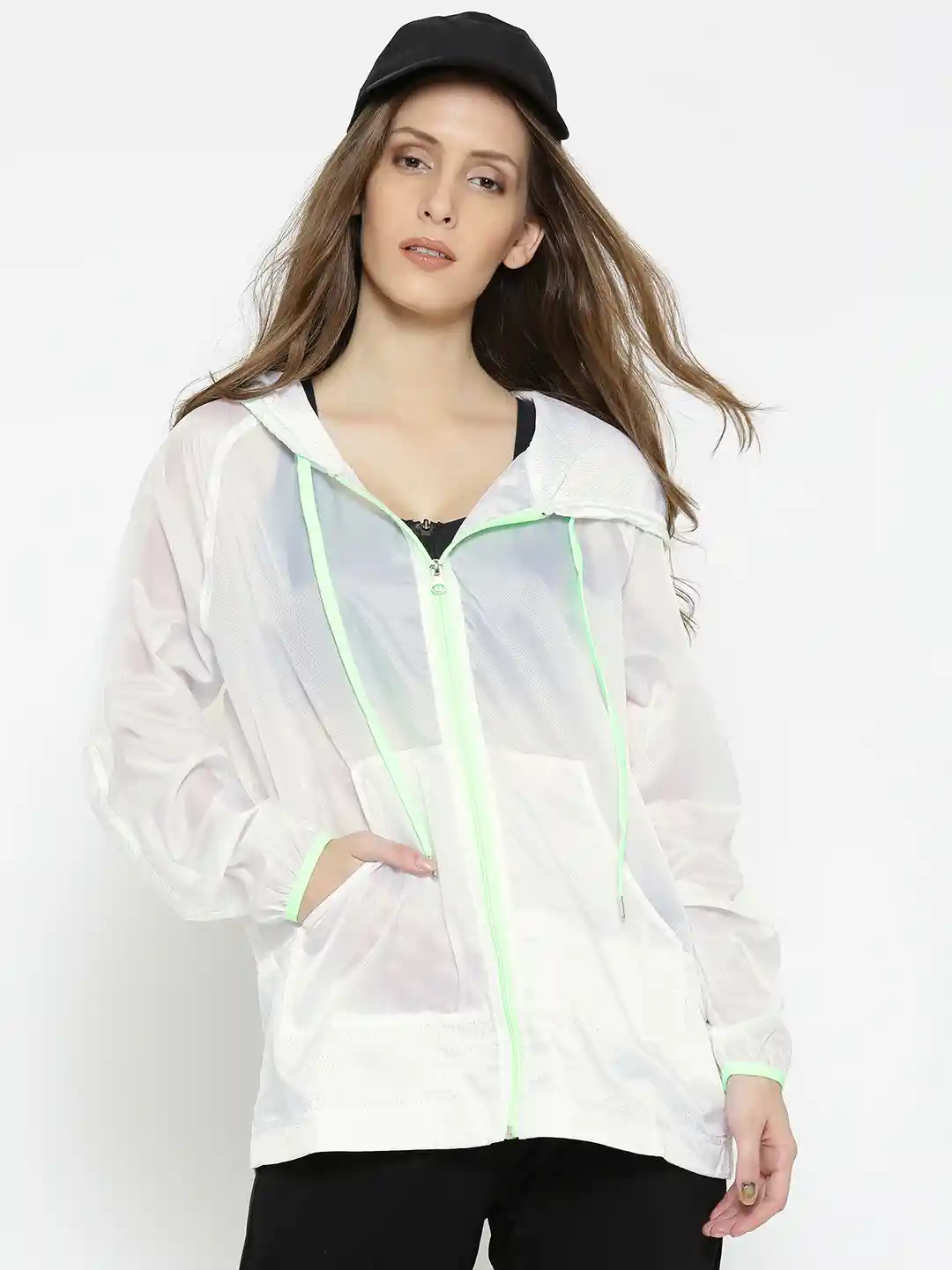 Buy FOREVER 21 Women White Self-Design Sheer Hooded Sporty Jacket