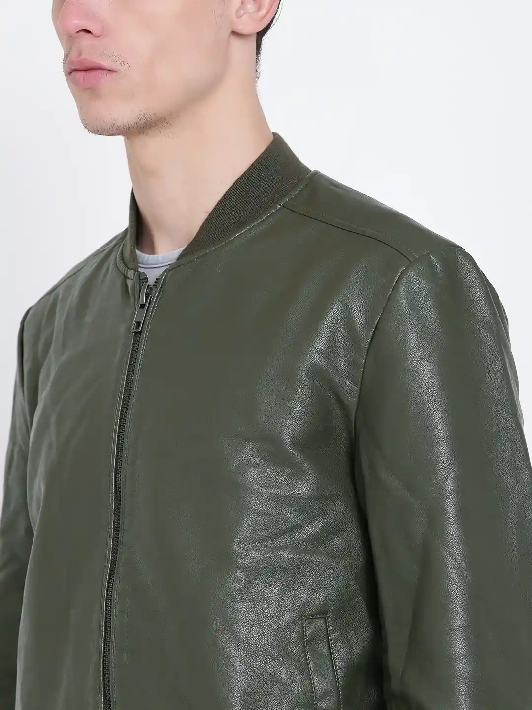 Buy FOREVER 21 Men Olive Green Solid Faux Leather Bomber Jacket
