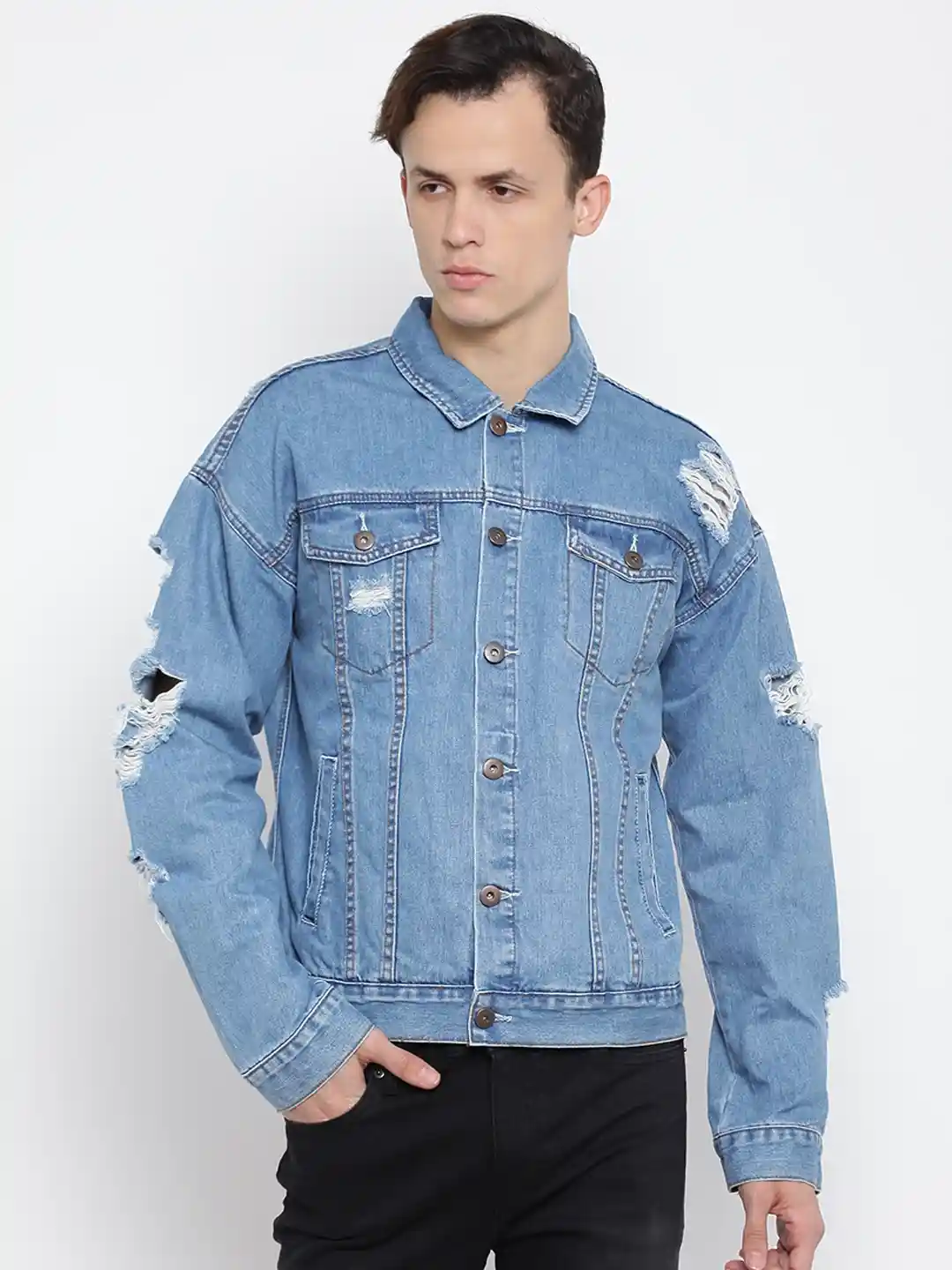 Buy FOREVER 21 Men Blue Distressed Denim Jacket Jackets for Men