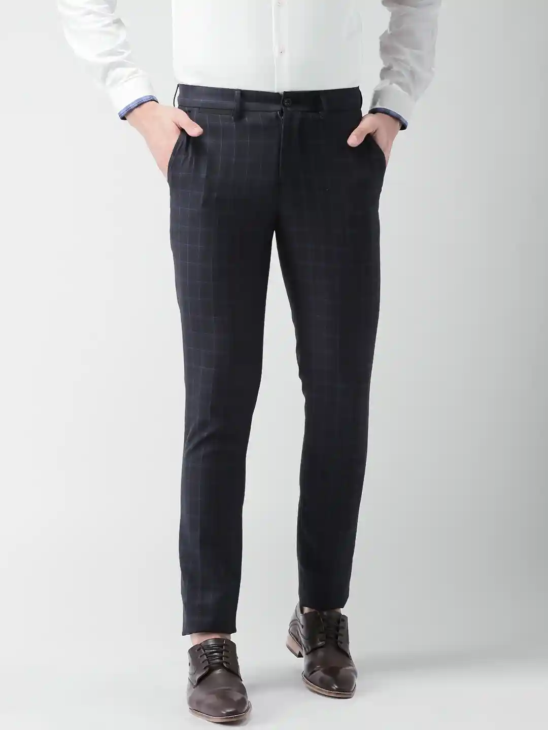 Buy INVICTUS Men Navy Blue Slim Fit Checked Formal Trousers