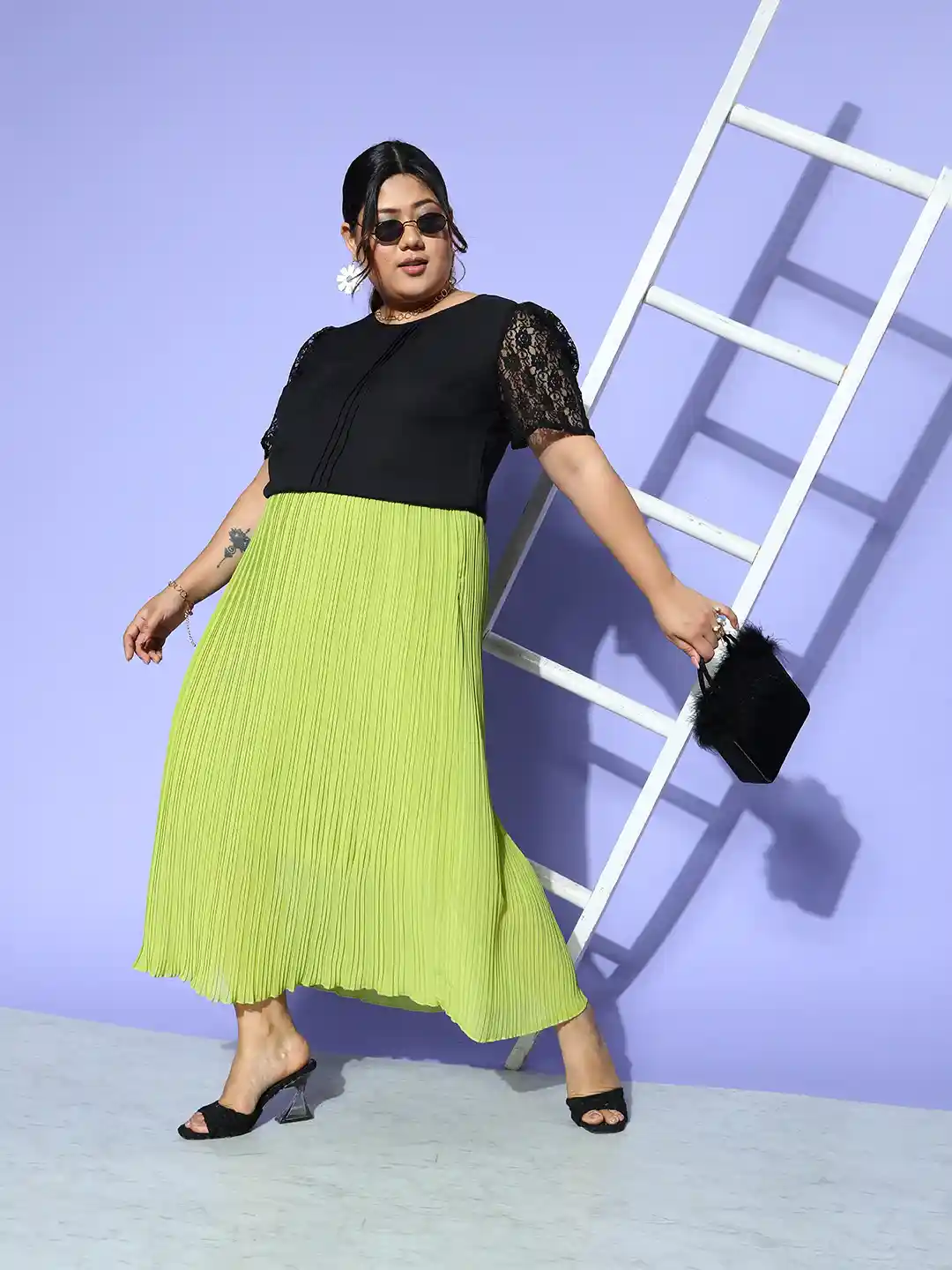 Buy CURVE BY KASSUALLY Plus Size Green Accordion Pleated Flared