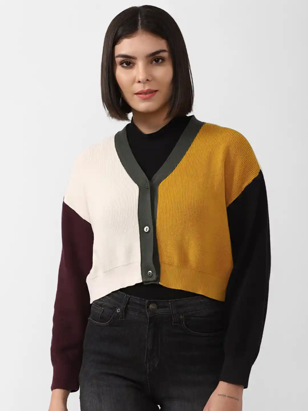 Buy FOREVER 21 Women Colourblocked Pure Cotton Cardigan Sweaters