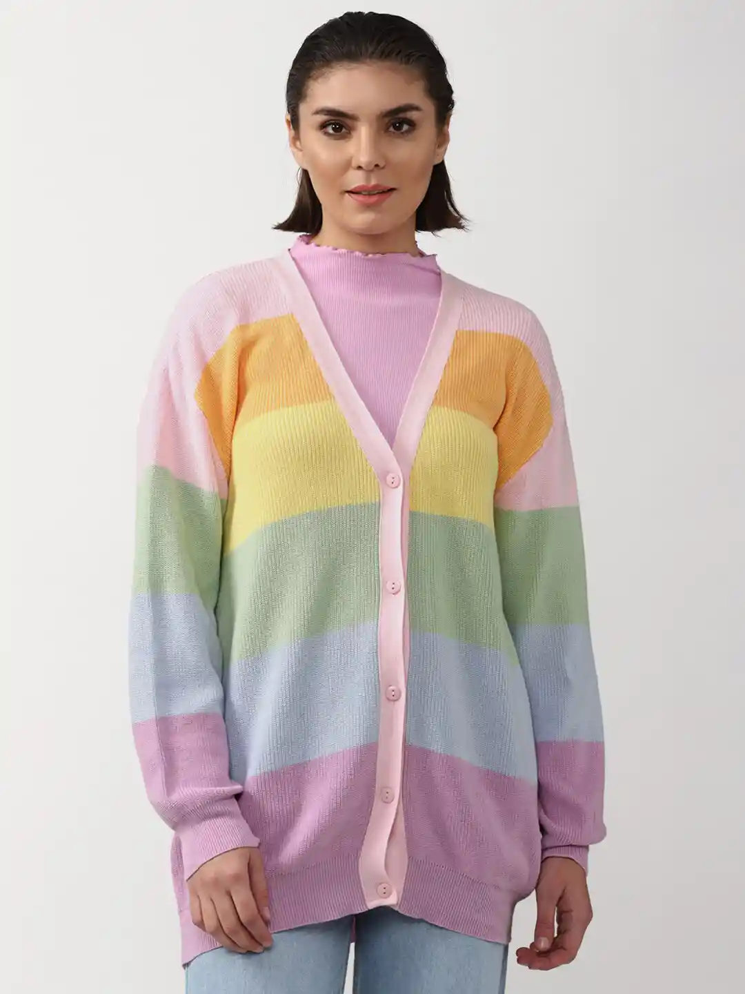 Buy FOREVER 21 Women Colourblocked Pure Cotton Longline Cardigan