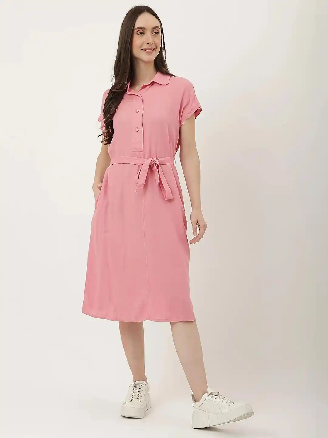 Buy Marks Spencer Shirt Collar Cap Sleeves Midi Dress with Belt