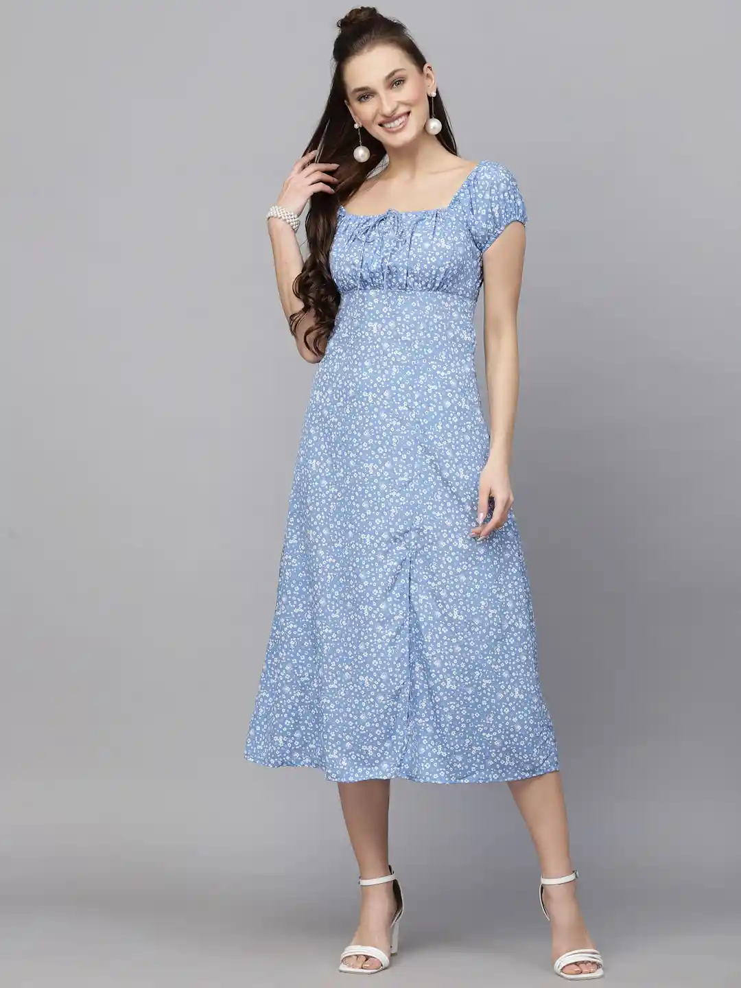 aayu Floral Printed Square Neck A-Line Midi Dress - Main Image