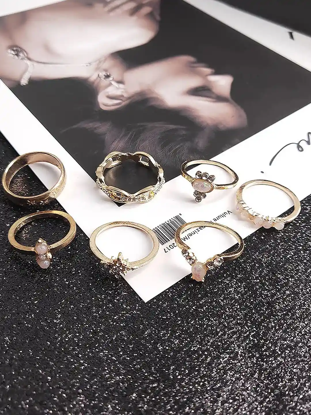 Fashion Frill Set Of 17 Gold-Plated AD Stone-Studded Flower Star Designs  Boho Finger Ring