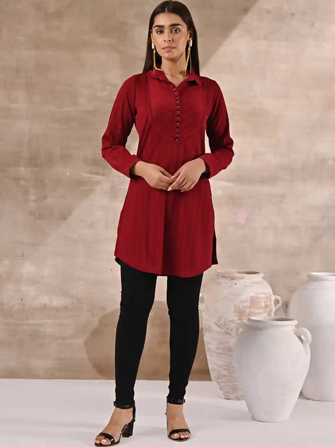 Buy Lakshita Wool Woven Design Shirt Collar Kurti Kurtis for