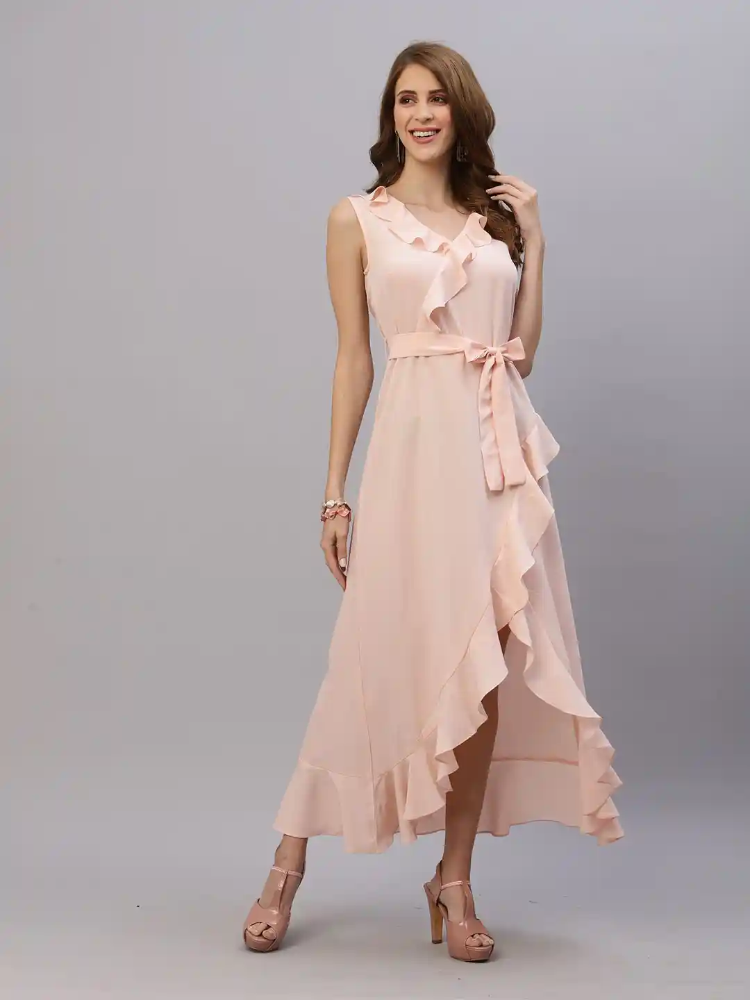 RAASSIO Crepe Ruffled High-Low Midi Wrap Dress