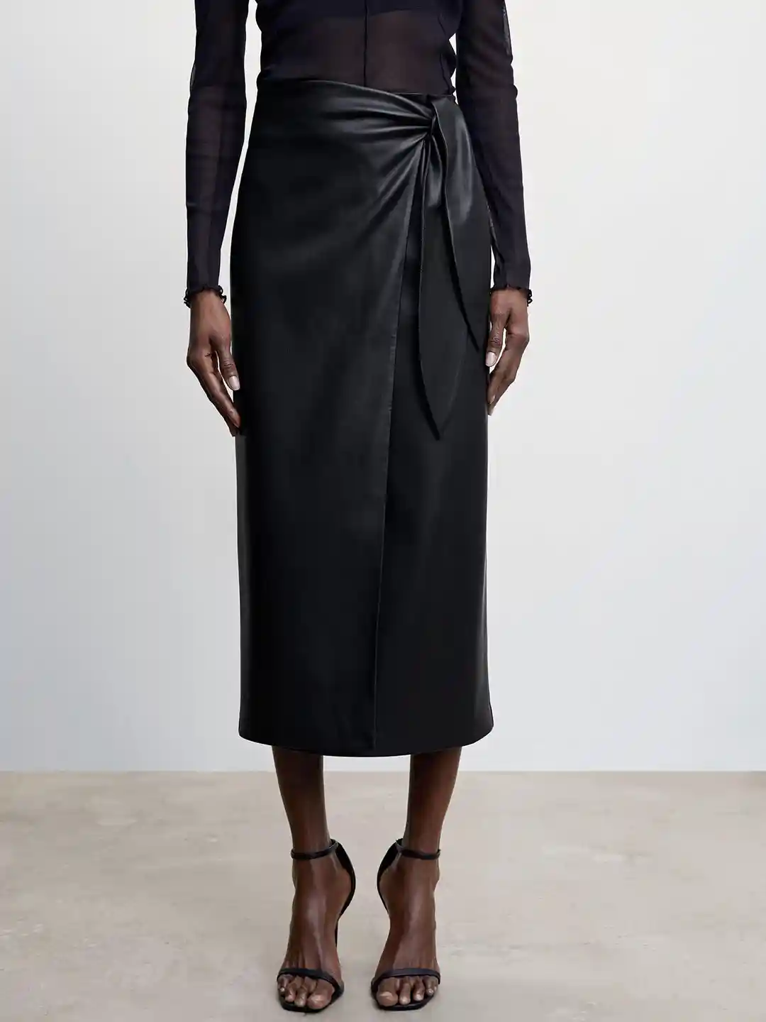 MANGO Knot Detail Faux Leather Wrap Midi Skirt