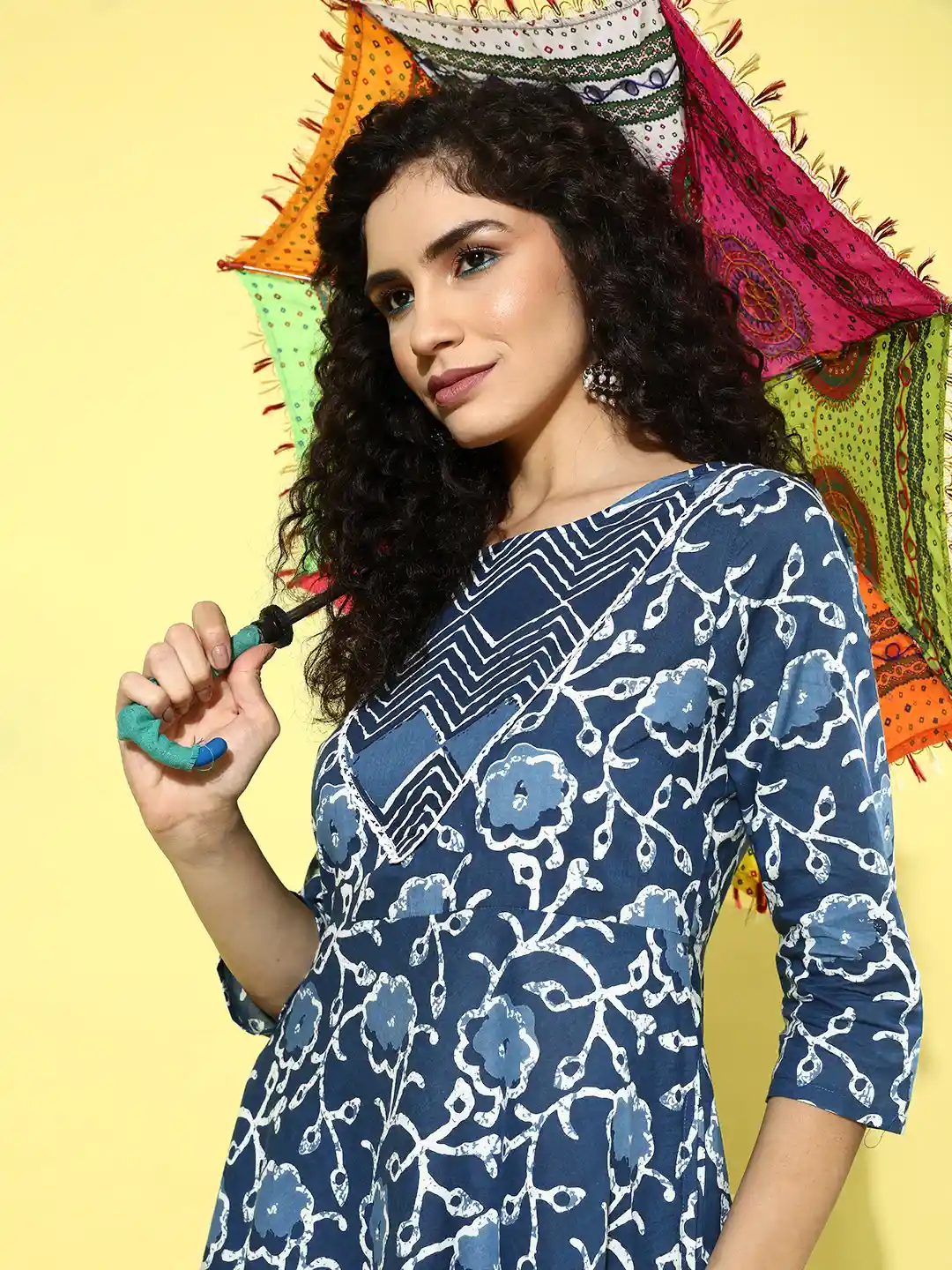 Buy Sangria Navy Blue Floral Print Pure Cotton Indigo A-Line Midi