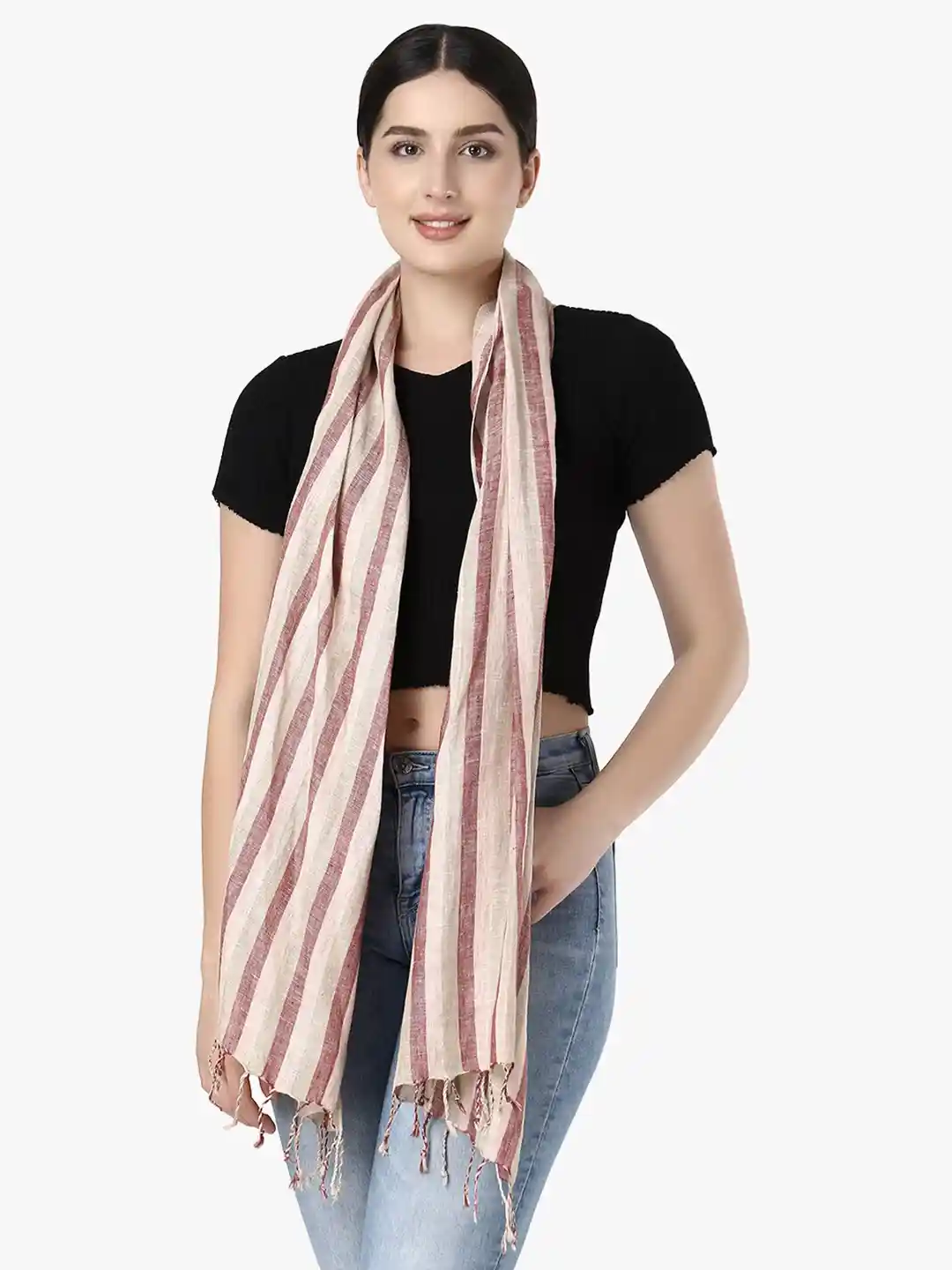 Adwitiya Collection Striped Linen Tasseled Border Scarf