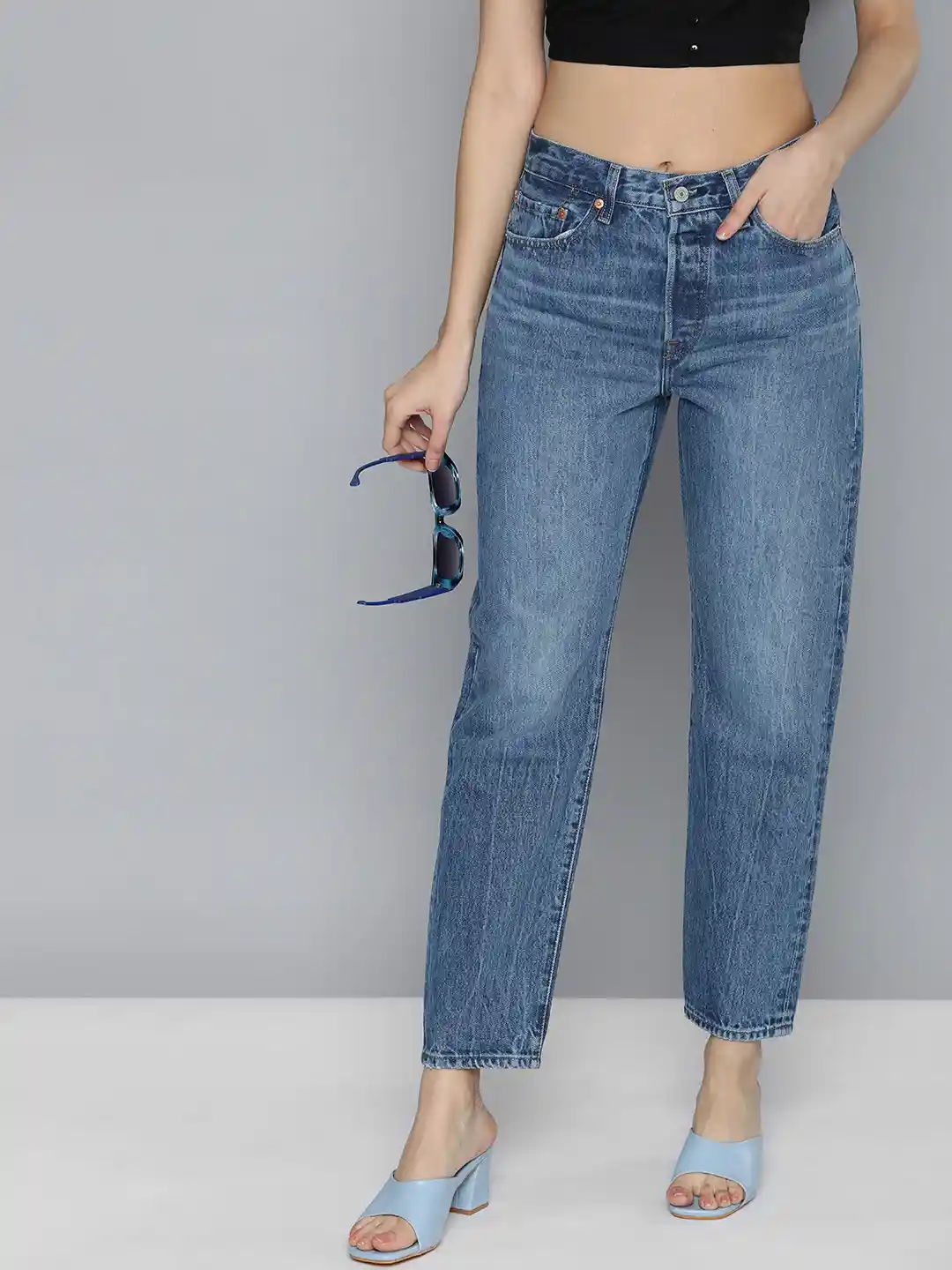 Buy Levis 501 Pure Cotton Tapered Fit High-Rise Heavy Fade Cropped