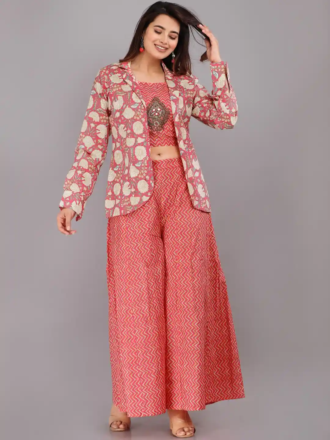 KALINI Women Chevron Printed Pure Cotton Crop Top With Palazzo Jacket