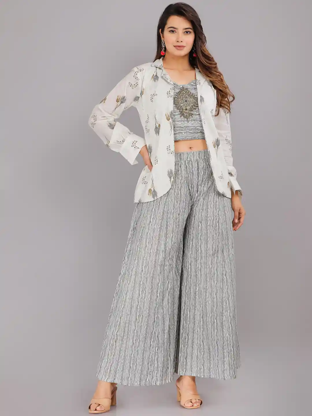 KALINI Printed Pure Cotton Crop Top With Palazzo Jacket