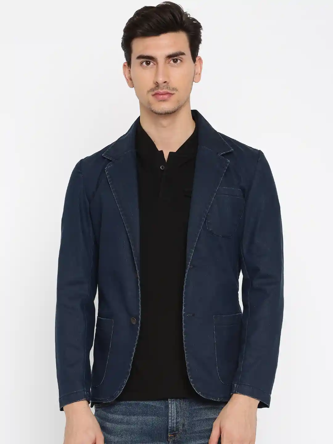 Denim Casual Blazer Dress Theme Men Blue Fitted Single-Breasted