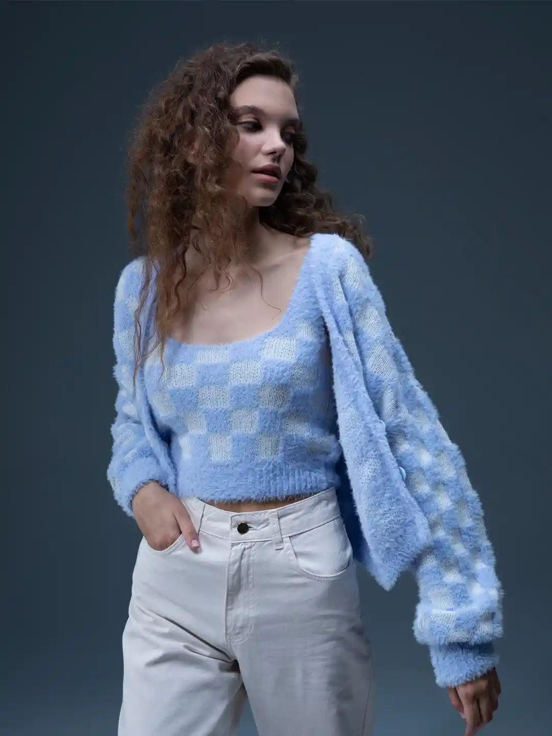 DeFacto Checked Faux Fur Trims Crop Top