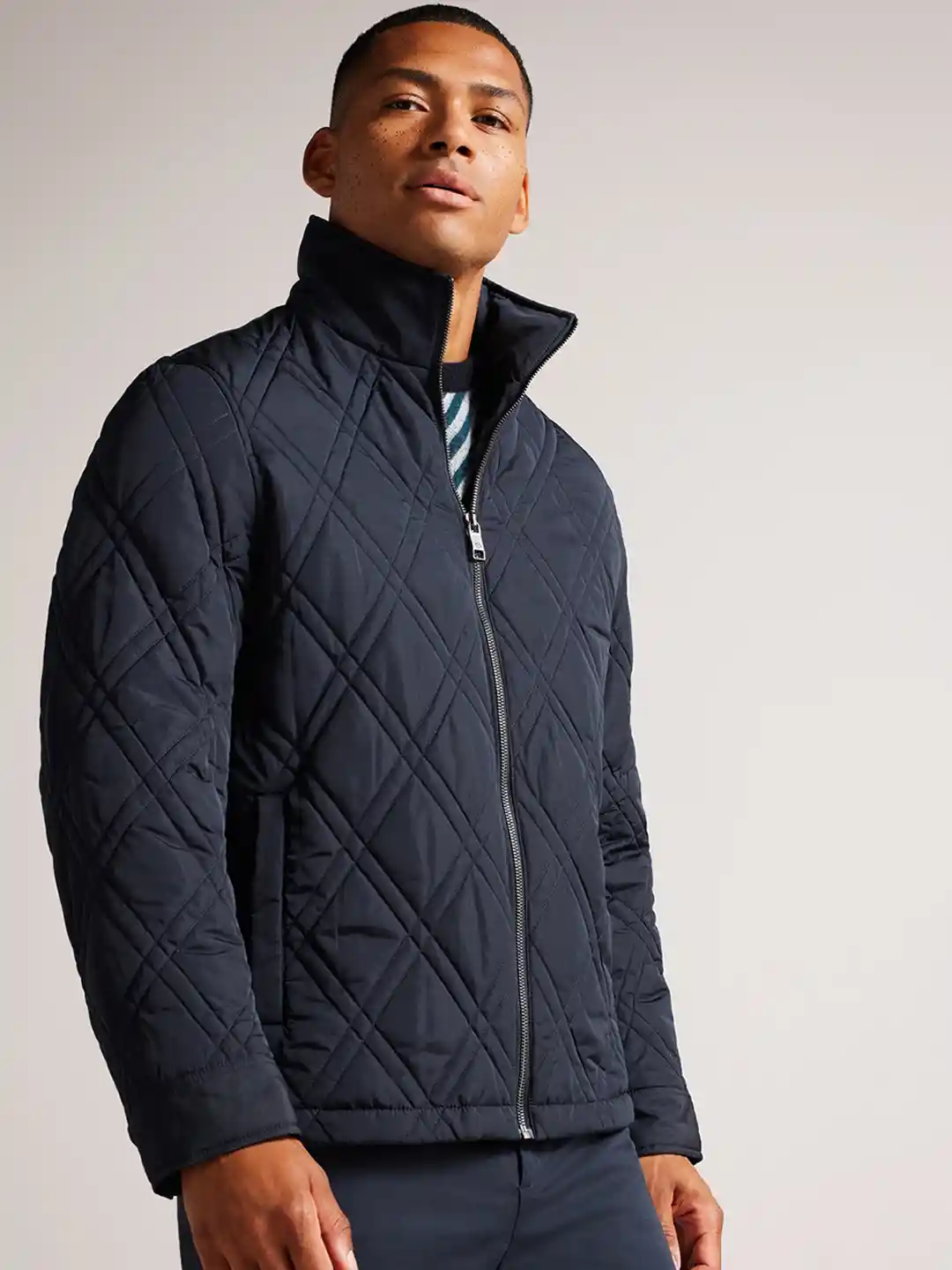 Buy Ted Baker Men Showerproof Checked Mock Collar Quilted Jacket