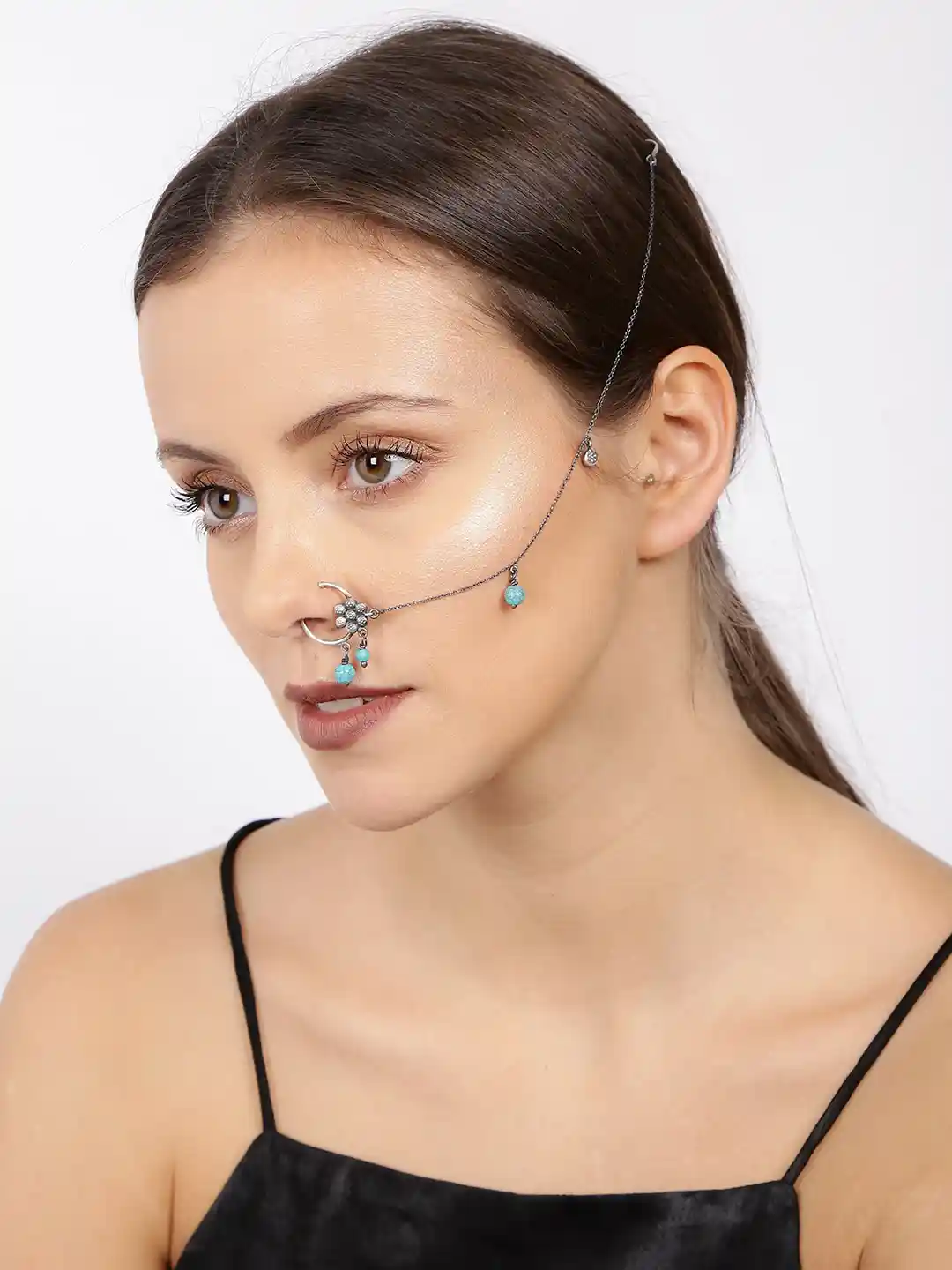 Buy Quirksmith Oxidised Silver Blue Fleur Nath Clip-On Nose Ring