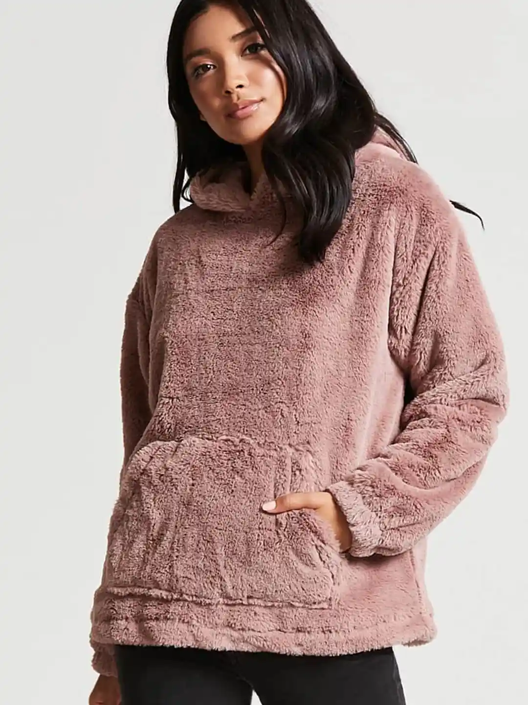 FOREVER 21 Women Mauve Solid Faux Fur Hooded Sweatshirt