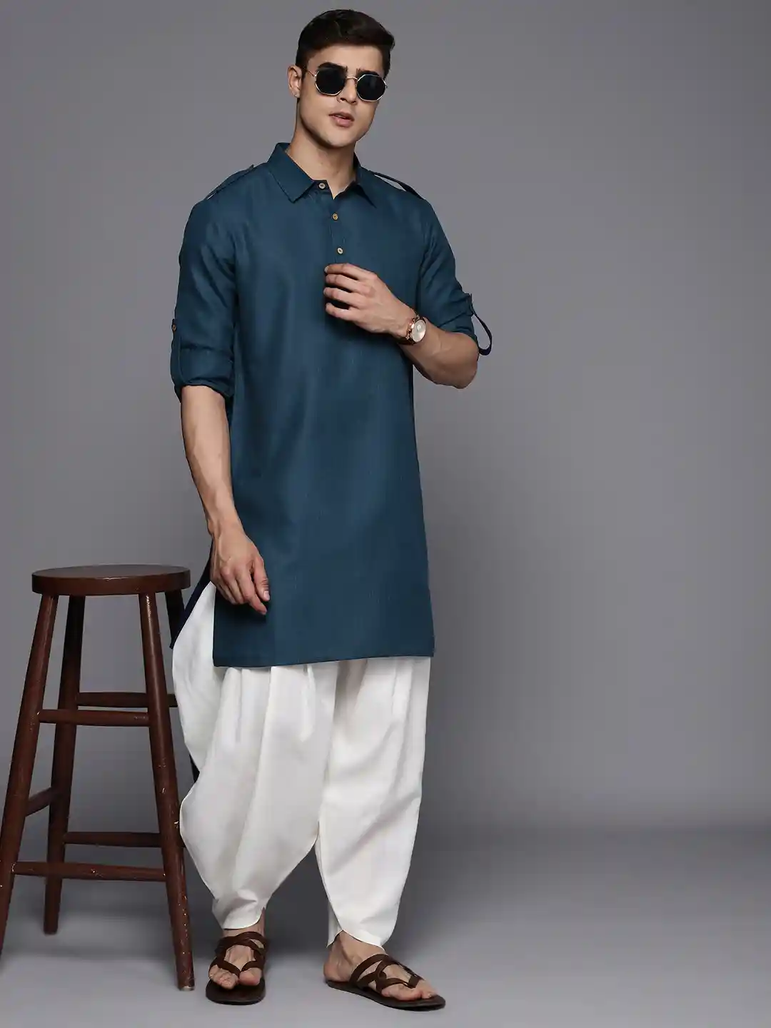 Buy Inddus Linen Blend Pathani Kurta with Dhoti Pants Kurta Sets