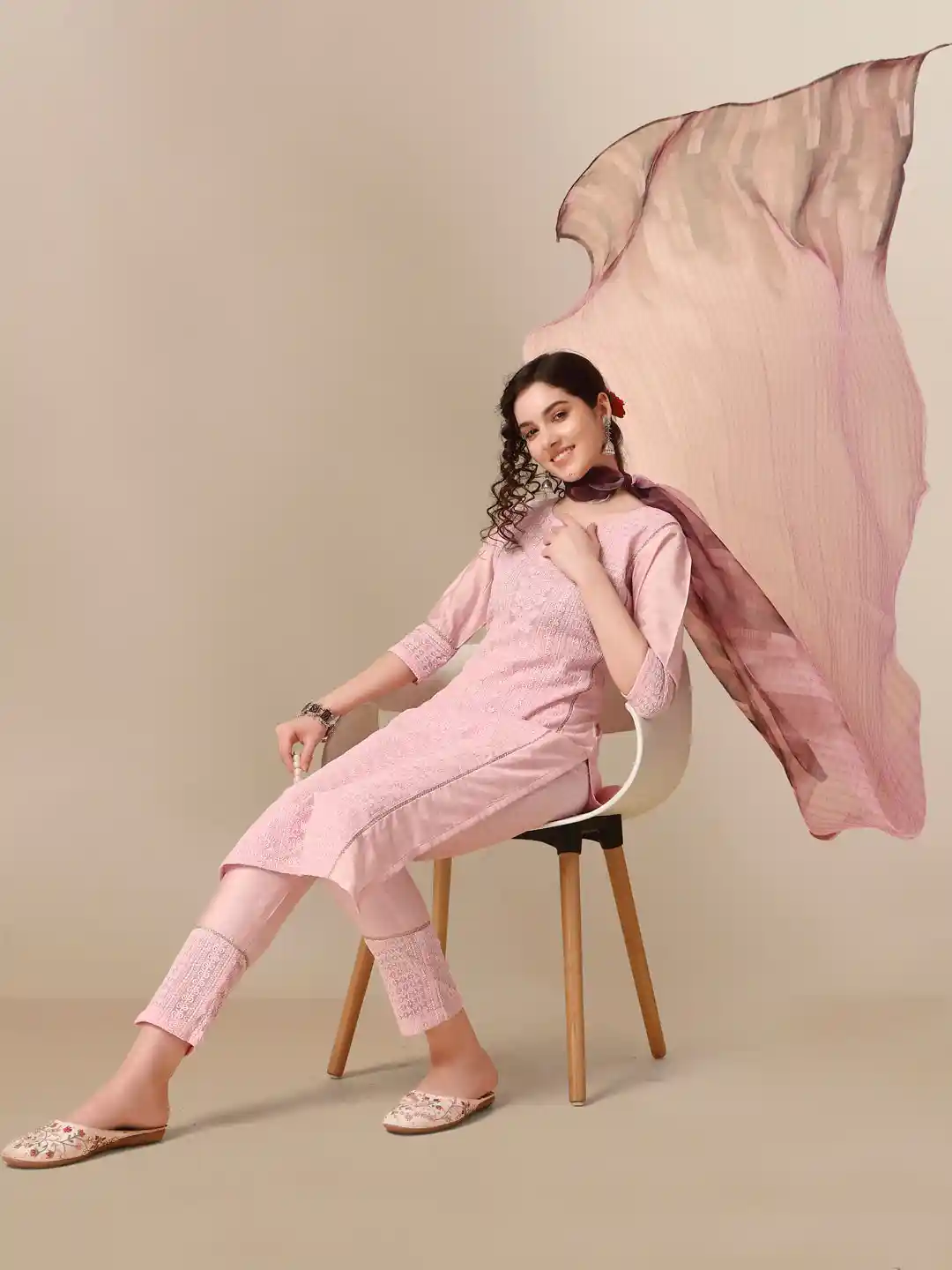 Buy HERE&NOW Lucknowi Chikankari Schiffli Chanderi Silk Kurta