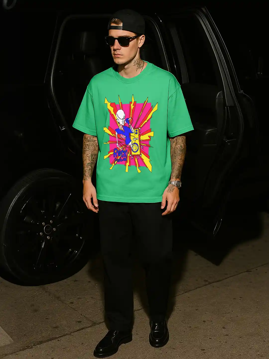 Buy VEIRDO Men Lime Green Pink Graphic Printed Cotton Oversize