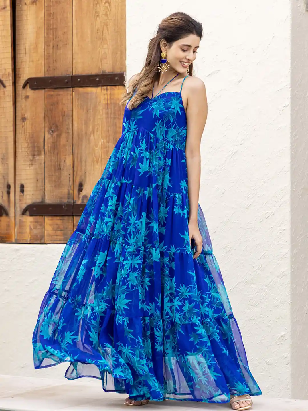 Ambraee Floral Printed Tiered Fit Flare Maxi Dress