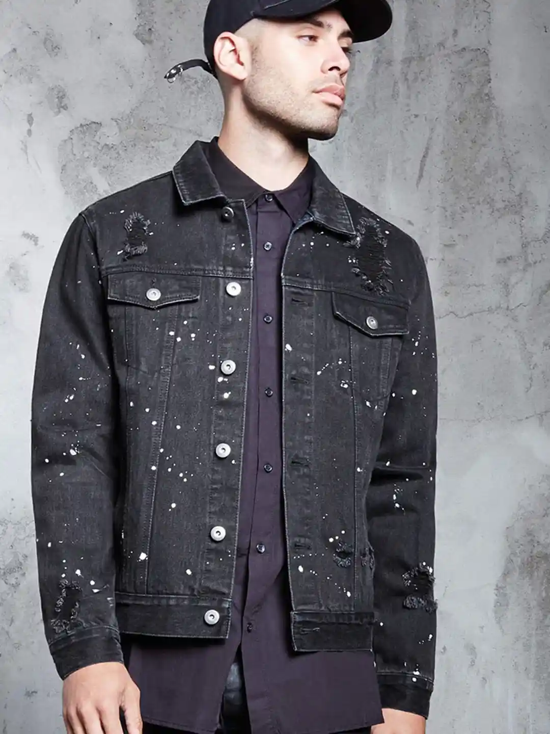 Buy FOREVER 21 Men Black Paint Splatter Effect Denim Jacket