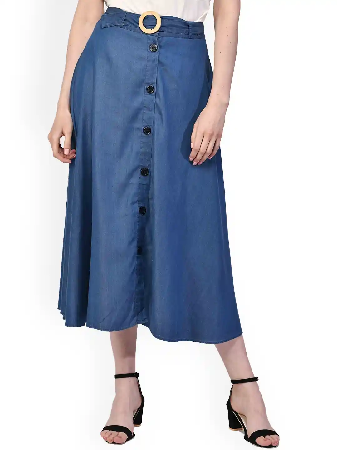 Midi Skirt Knee Length Denim Skirt A Line Klevy High Waist Washed