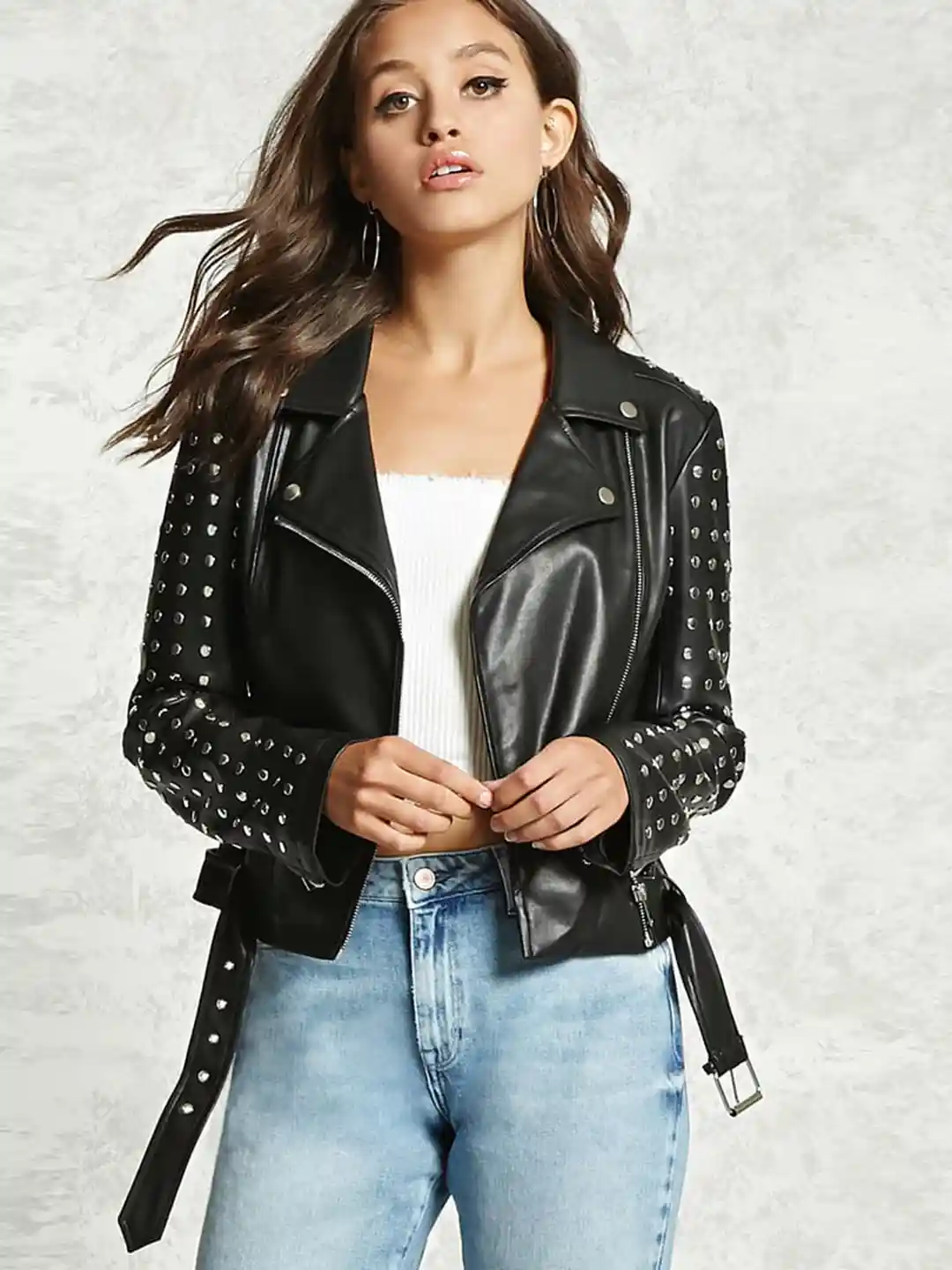 Buy FOREVER 21 Women Black Solid Studded Biker Jacket Jackets