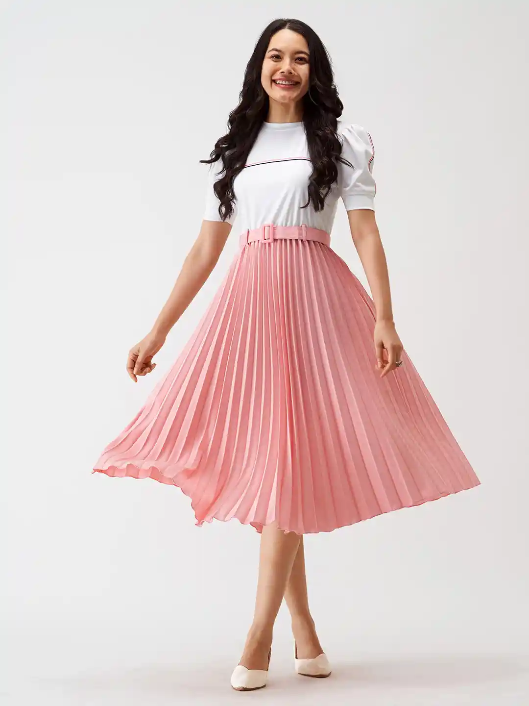 Buy AASK Striped Accordion Pleated Midi Fit and Flare Dresses