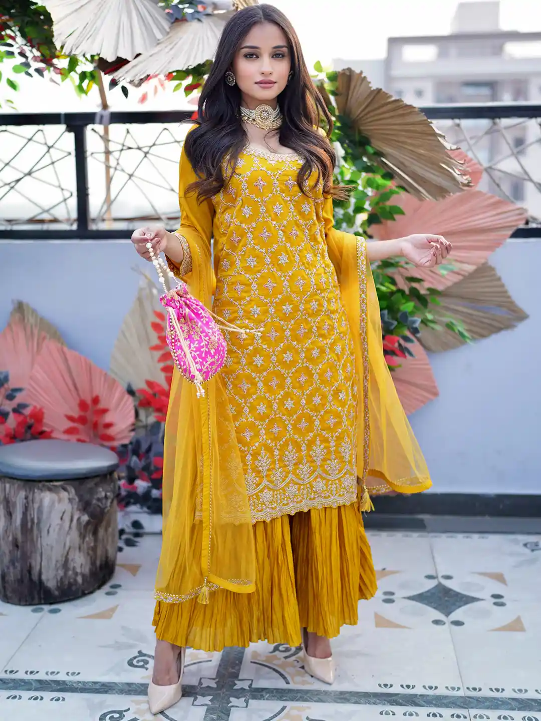 Buy Libas Floral Embroidered Sequinned Zari Kurta with Sharara