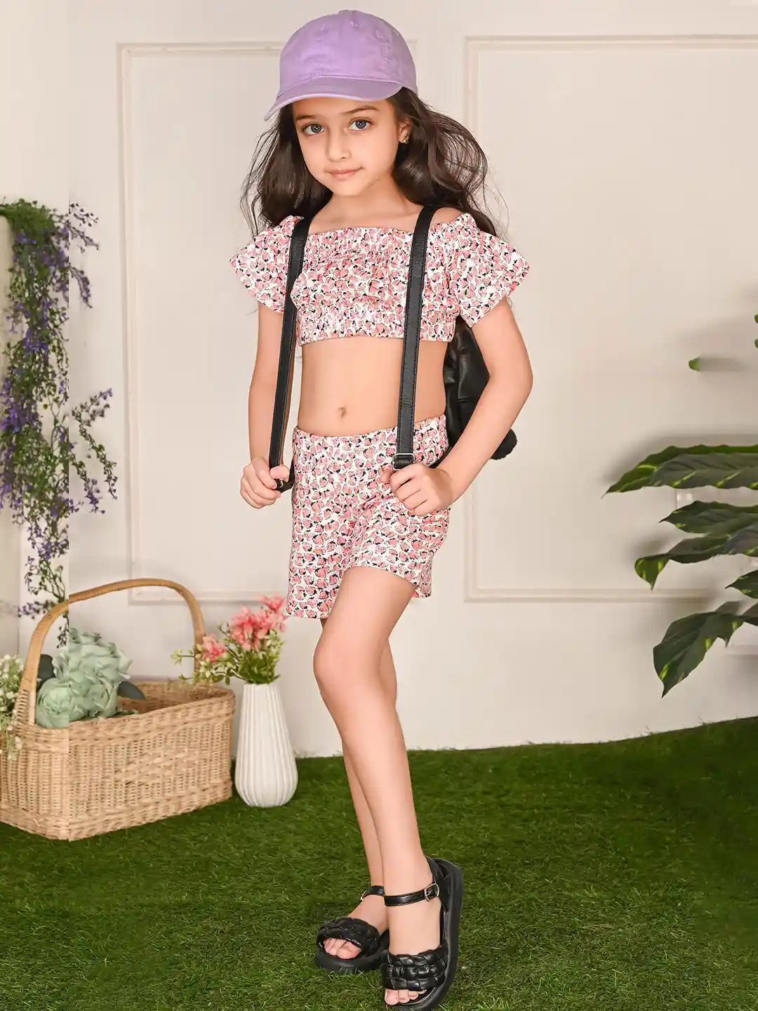 LilPicks Girls Printed Off-Shoulder Cotton Crop Top With Shorts