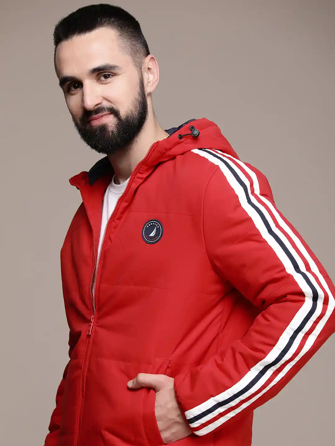 Buy Nautica Solid With Striped Detail Hooded Puffer Jacket