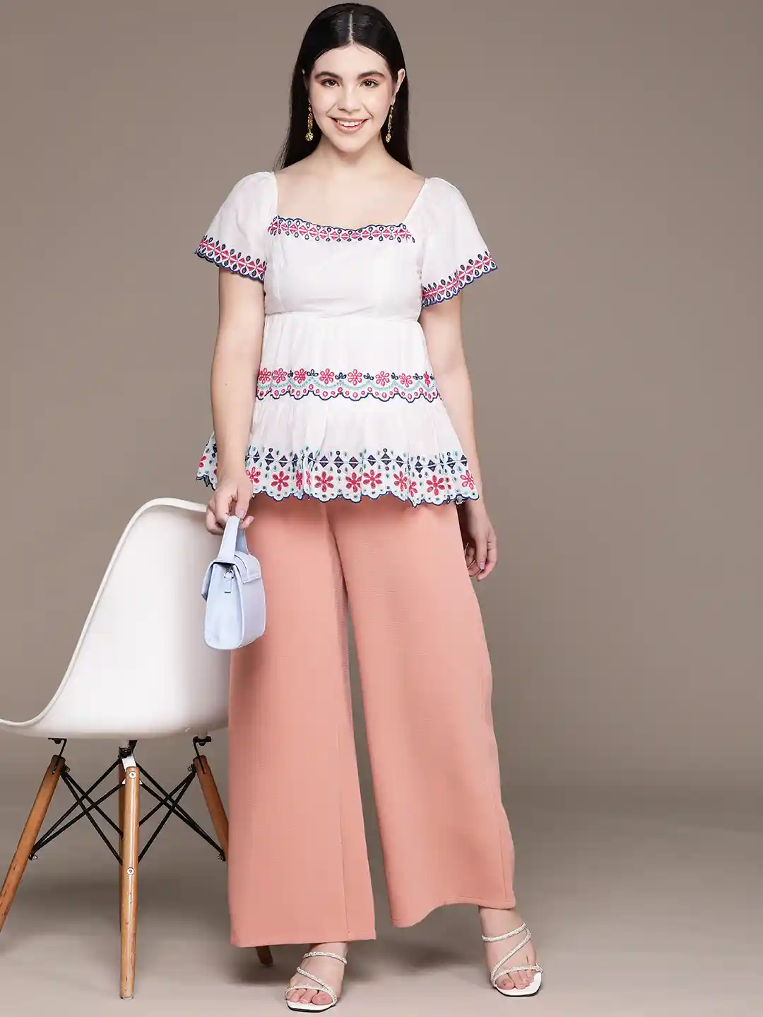 Buy Label Ritu Kumar Floral Embroidered Cotton Chambray Peplum Top