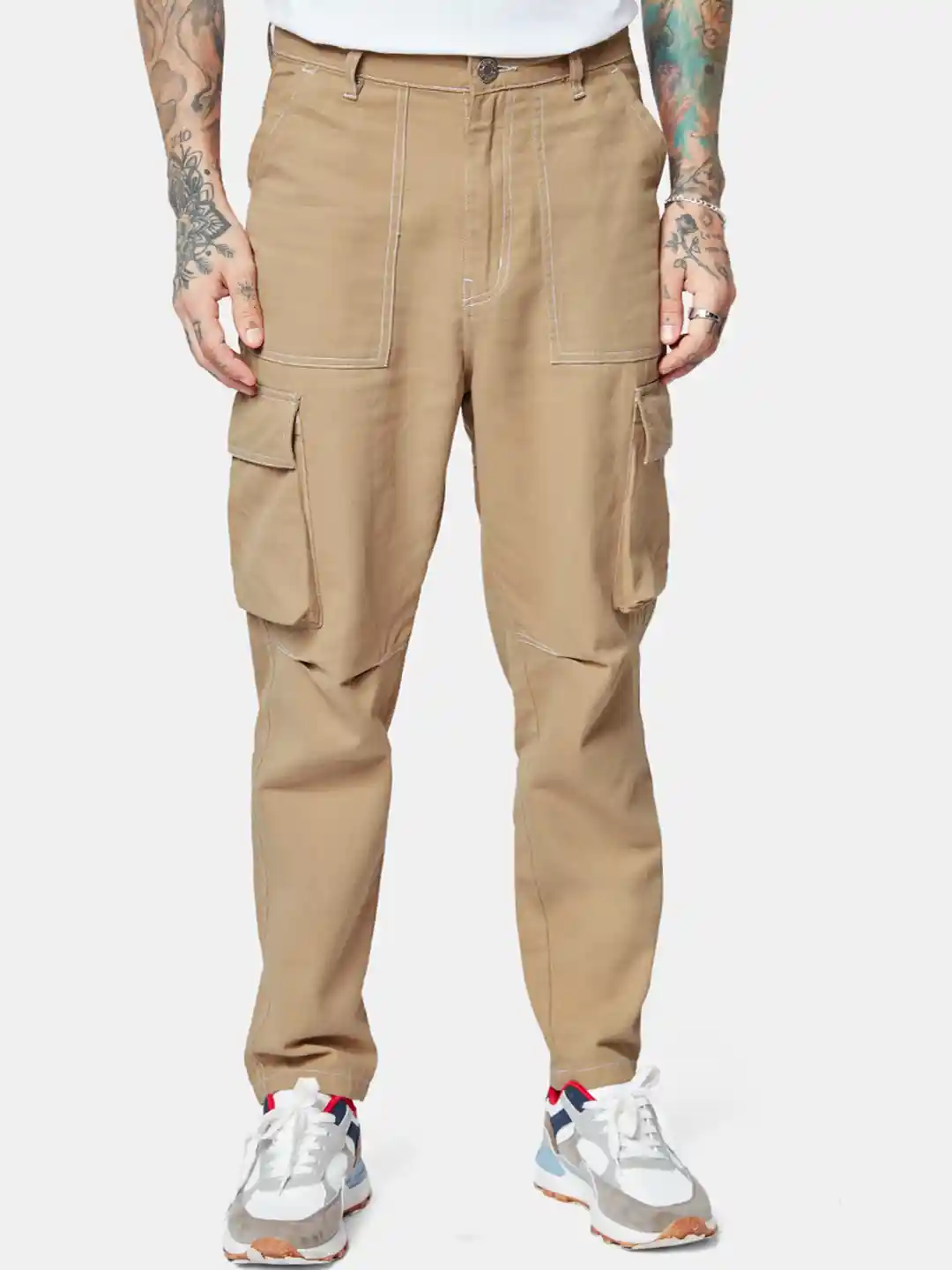 Buy The Souled Store Men Beige Pure Cotton Cargos Trousers