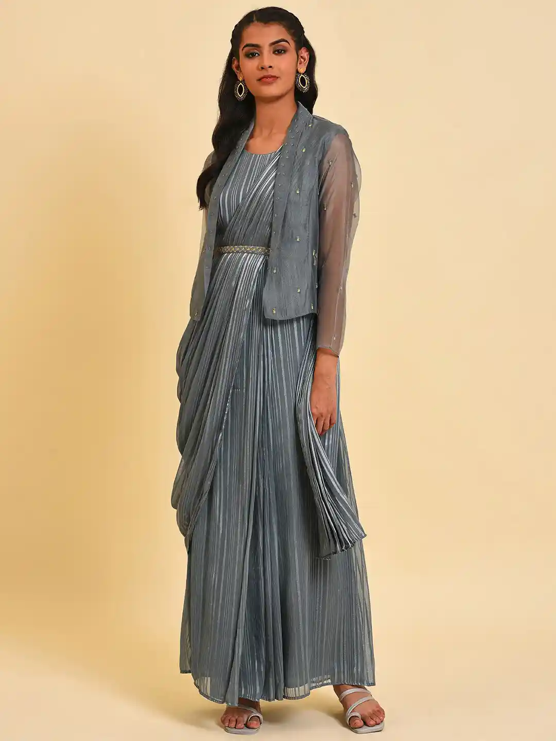 Buy WISHFUL Striped Pleated Fit Flare Maxi Ethnic Dress With
