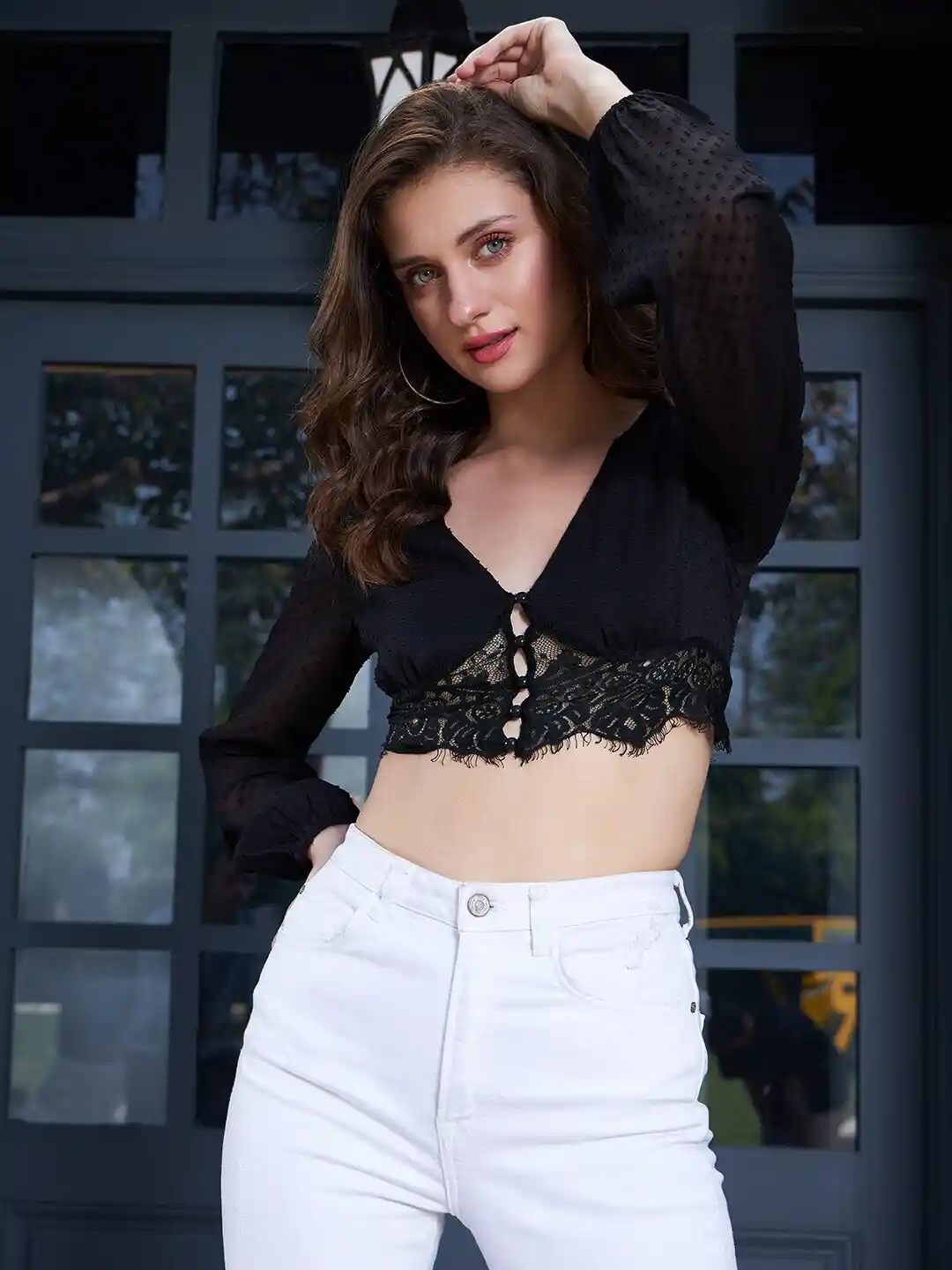 Buy Berrylush V-Neck Dobby Weave Bishop Sleeves Lace Inserts