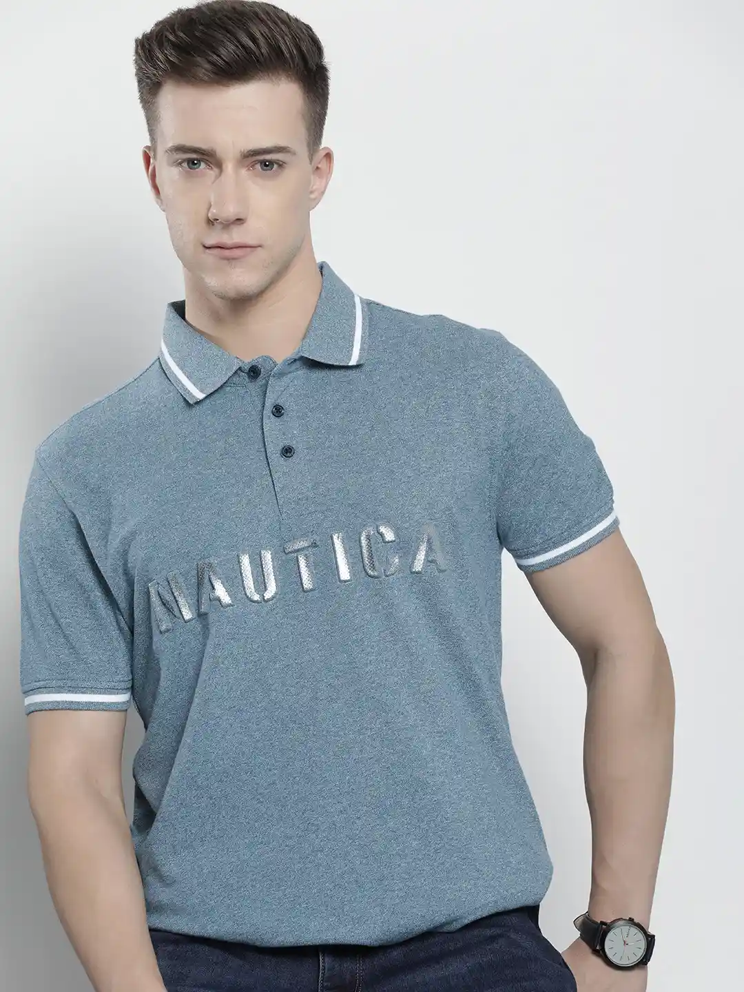Buy Nautica Embossed Brand Logo Printed Polo Collar Pure Cotton T
