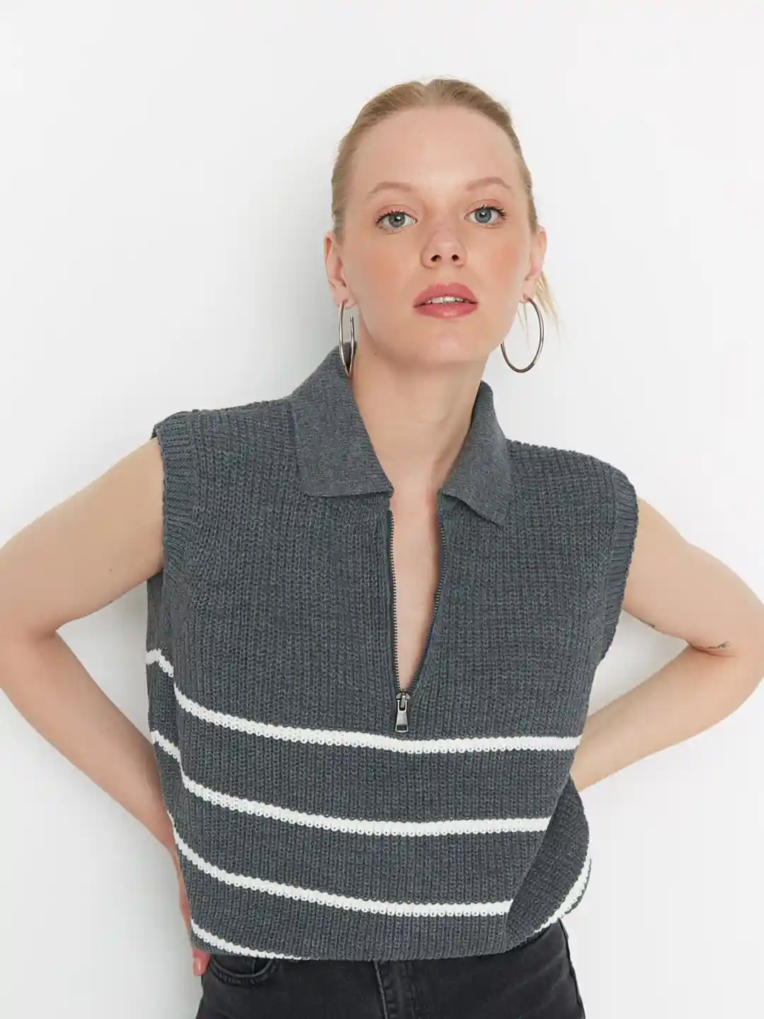 Trendyol Striped Shirt Collar Sleeveless Sweater