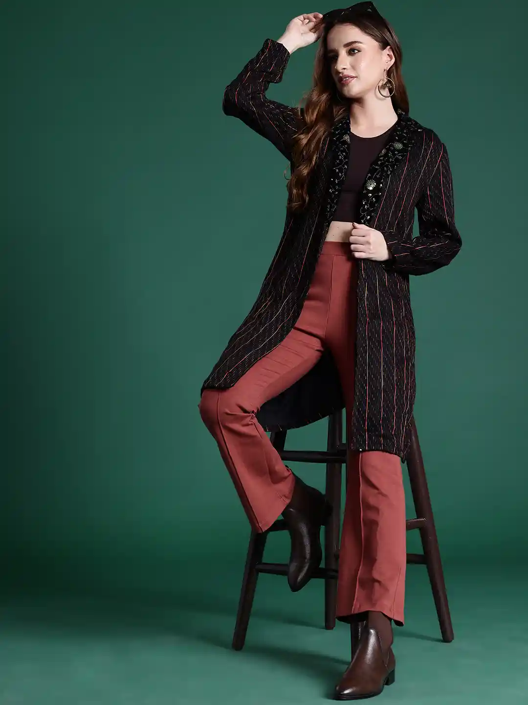 Buy Sangria Sequin Embellished Notched Lapel Collar Front Buttoned