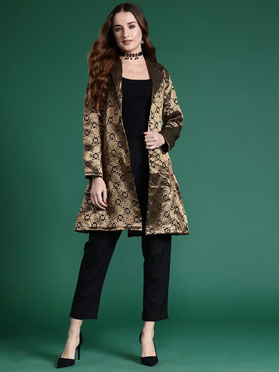 Buy Sangria Brocade Longline Open Front Ethnic Jacket Jackets